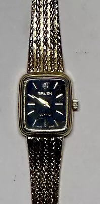 Vtg Elegant Gruen 6 Genuine Diamond Quartz Black Face Watch Woven Gold Tone Band • $75