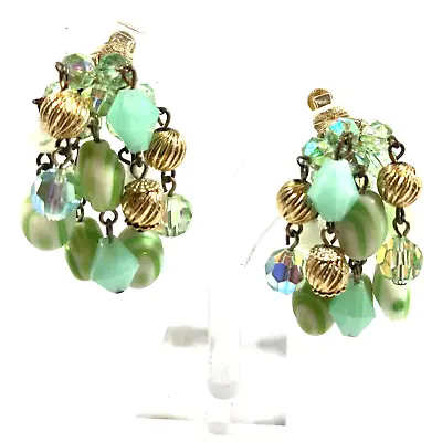 Vendome Dangle Chandelier Green Glass Crystal Beaded Clip On Earrings • $30