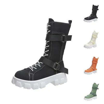 £37.84 • Buy Womens Lace-Up Boots Flat Platform High-Top Ladies Casual Buckle Canvas Shoes