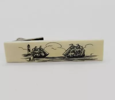 Vintage Ships Lighthouse Scrimshaw Tie Clip Silver Tone RARE • $26.99