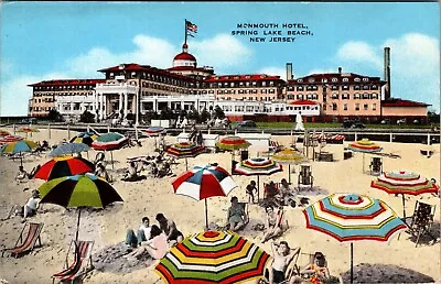 Spring Lake Beach NJ Monmouth Hotel Beach Scene Umbrellas Vintage Postcard F685 • $9.95