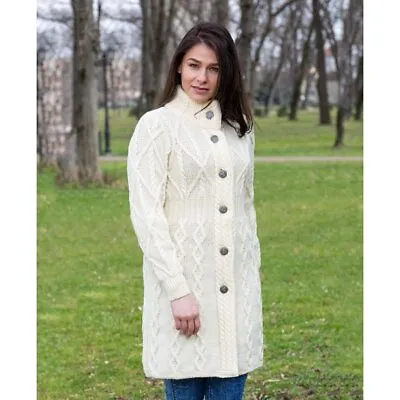 SAOL Irish Merino Wool Aran Buttons Cardigan Sweater Women Cable Knit Long Coat • $109.30