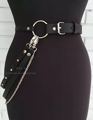 Black Leather Belt With O-Ring And Chain Leather Rave Belt Harness Belt • $85