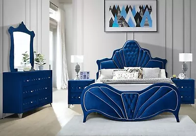 NEW SPECIAL 5 Piece Modern Queen King Bedroom Set Furniture In Blue Velvet IAAY • $2138.87