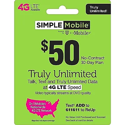 SIMPLE MOBILE ESim Available $50 Plan 2 Months Truly Unlimited With 5GB Hotspot • $80