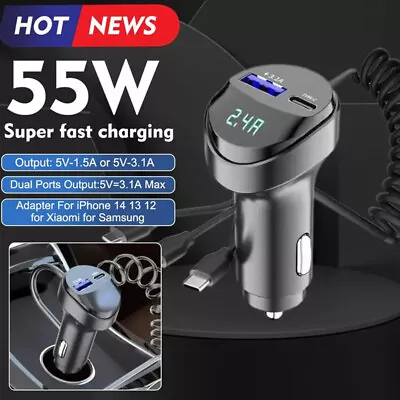 3 IN 1 Retractable Car Charger Cable Dual Port USB-C PD Fast Charging Adapter • $10.59