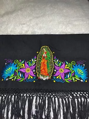 MEXICAN SOFT WOVEN REBOZO SHAWL W/ EMBROIDERED FLOWERS FLORES BORDADOS Virgen • $29.99