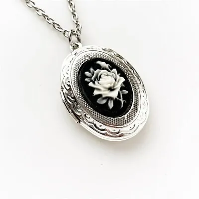 Antique Locket Silver Rose Cameo Engraved Enamel Oval Necklace Vintage • $46.31