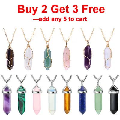 $6.79 • Buy Natural Gemstone Chakra Stone Pendant Energy Healing Crystal With Chain Necklace