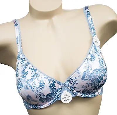 M&S Bra 30D Blue Pink Satin Lace Memory Foam Padded Under Wired Push Up  • £14.99