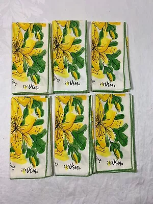 Set Of 6 Vintage MCM Napkins Signed Vera Neumann 16  Square Yellow Lilies • $49.99