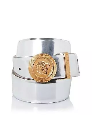 $625 Mens VERSACE Biggie Medusa Laminated Leather Belt Silver 110 US 44 • $279.99