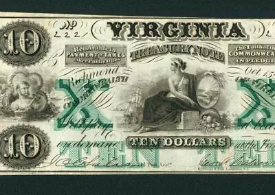 $10 1862 (( VF+++ )) Virginia Treasury Note - Richmond Obsolete Banknote • $61