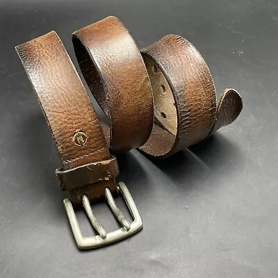 Brown Distressed Leather Belt Mens 39 Brass Double Prong Brass Buckle N Or Z • $14.99
