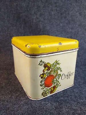 Vintage 70s Cheinco Kitchen Coffee Tin Metal Container Canister Mushrooms Yellow • $8.99