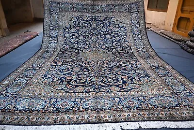 Navy Blue Floral Vintage Caucasian Area Rug 9x12 Hand Knotted Oriental Wool Rug • $2199.50