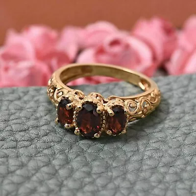 3Ct Oval Cut Three Stone Red Garnet Vintage Engagement Ring 14K Yellow Gold Over • $82.91