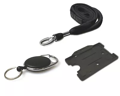 ID Neck Strap Lanyard ID Card Holder & Retractable Key Reel Badge Holder Black • £3.49