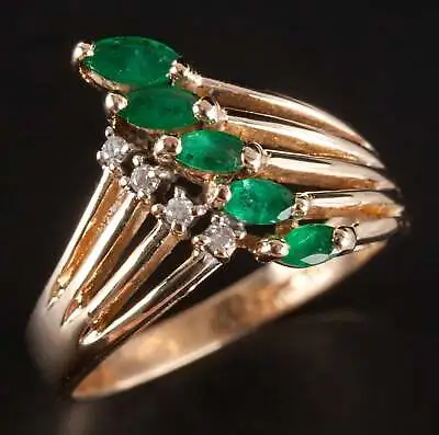 $1115.58 • Buy 14k Yellow Gold Marquise Emerald Round Diamond Cocktail Ring .49ctw 4.63g