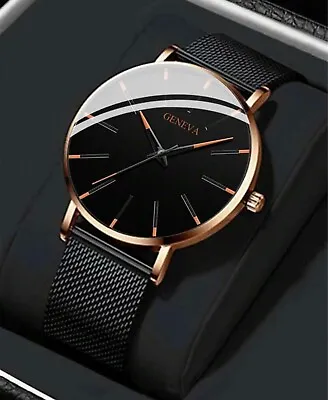 Mens Watch.. Ultra Thin Black & Gold Business Watch With Mesh Strap Quartz UK • £8.49