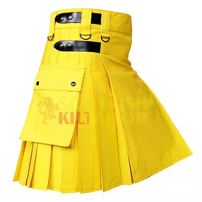 $58 • Buy Handmade Utility Kilt Yellow Utility Kilt Deluxe Leather Stripe Hybrid Kilt
