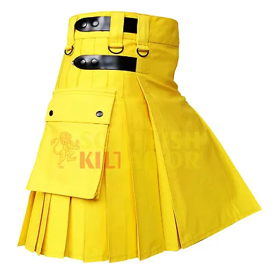 Handmade Utility Kilt Yellow Utility Kilt Deluxe Leather Stripe Hybrid Kilt • $58