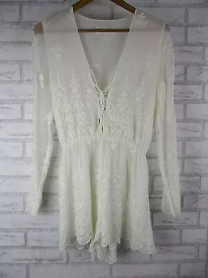 Zimmermann Womens Playsuit Jumpsuit White Lace Embroided 0 6 Long Sleeve • $79