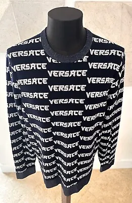 Versace Mens All Over Logo Navy Sweater Size 56 /XL Pre-owned Altered *READ* • $325