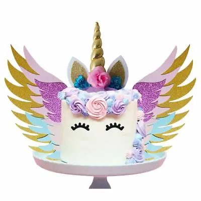$2.89 • Buy Unicorn Glitter Cake Wings Horn Ears Gold Topper Birthday Party Cupcake