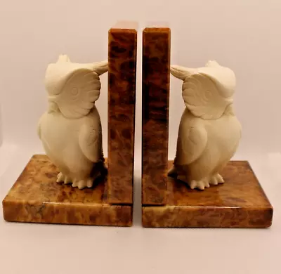 Alabaster Owls On Red Granite/Marble Bookends Nora Fenton Imports Italy MCM • $65