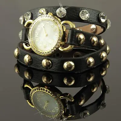 Ladies Watch Black Gold Rhinestones Leather Studs Wrist Bracelet U1243 • $21.45