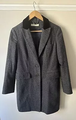 Whistles Coat Size 12 Blue Check Velvet Collar Pockets Virgin Wool Blend • £52.65