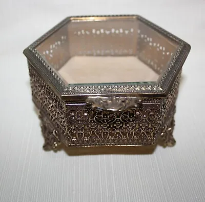 Vintage Hexagon Gold Filigree Ormolu Glass Trinket Jewelry Display Box Japan • $27.95