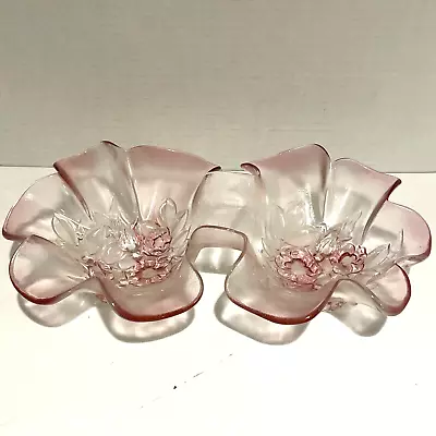 Mikasa Frosted Rosella Pink Glass Double Bowl Candy Dish Footed Ruffled Vintage • $15