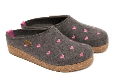 HAFLINGER Grizzly Cuoricini Anthrazit Clog Wool Gray Hearts Slipper Germany New • $89