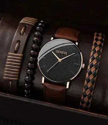 Watch Gift Set Men Gents Leather Strap Brown Black Gold + 3 Bracelets Watches UK • £8.99