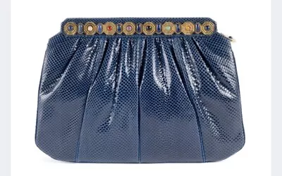 Judith Leiber Karung Navy Clutch W/ Original Coin Purse Comb  Mirror And Box • $310