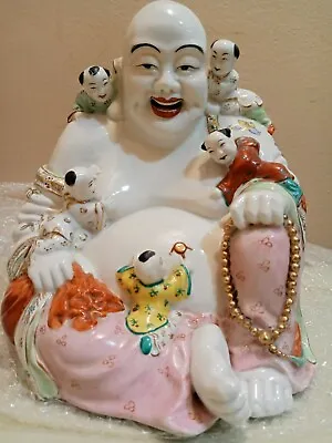 Vintage Chinese Famille Rose Porcelain Laughing Buddha With 5 Children Figurine • £221.70