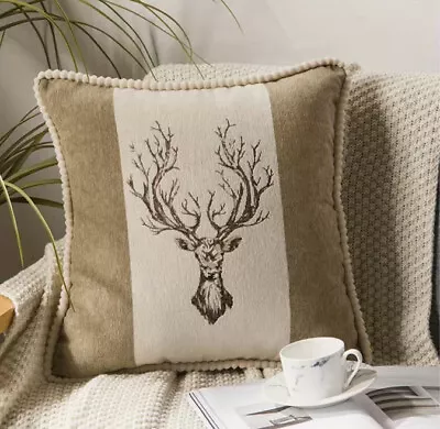 Embroidered Deer Stag Elk European Hunting Lodge Cabin Lake Throw Pillow Cover • $23.74