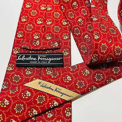 Salvatore Ferragamo Red Silk Designer Tie W Brown Elephants 58.5x3.75” • $45