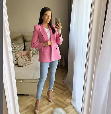 $74 • Buy Zara Textured Double-breasted Blazer Pink Ss22 Size S Ref. 2324/687