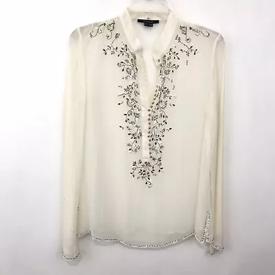 Eci New York Beaded Ivory Top See Though Sheer Sequin Blouse Women Size S • $16.99