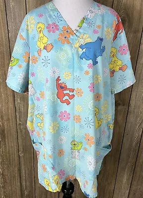 2006 Sesame Street Blue Elmo Big Bird Grouch Scrub Top Shirt  XL • $13.79