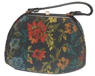 Vintage Kadin Floral Tapestry Purse Handbag Leathr Handle Latch Lock Made In USA • $32.99