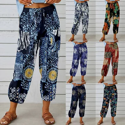 Womens Cotton Linen Baggy Harem Pants Ladies Summer Boho Floral Cropped Trousers • $19.89
