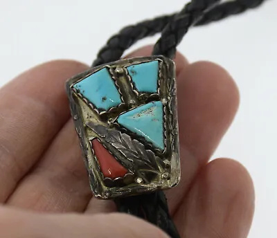 Vintage Native American Sterling Silver Bolo Tie A Cheama Turquoise & Coral • $139.99