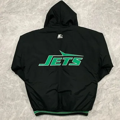 VTG 90s NFL NEW YORK JETS STARTER PUFFER JACKET HOODIE BLACK SIZE L • $160