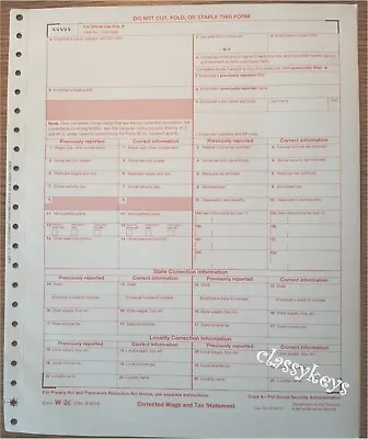 Official IRS Tax Form W-2c Corrected Wage/Tax Stmt Single Sheet For 1 Employee • $8.50