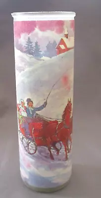 Vintage Sugar Frosted 9  Glass Pillar Candle Holder Horse Drawn Sleigh Ride • $33.99