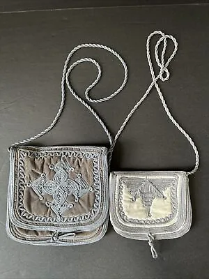 Moroccan Handbag Purse Pouch Shoulder Bag Embroidery Handmade Suede Gray & White • $9.99
